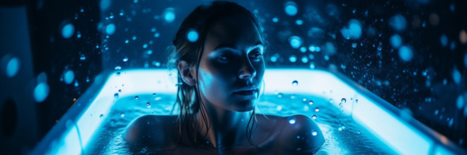 image of woman in cold plunge tub with frozen water droplets appearing to be coming from the ground up with fluorescent ambient lighting in an image banner for Plunge Tub Hub-residential cold plunge tubs-commercial-cold plunge tubs-image banner-woman in cold plunge tub