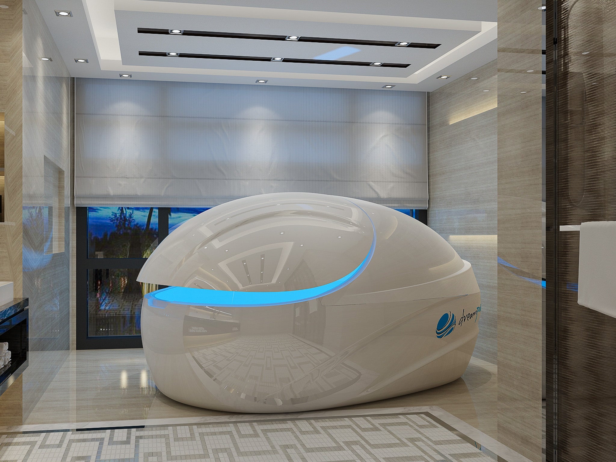 Dream-Pod Vmax WebPic Sensory Deprivation Chamber also known as a flotation tank used for providing restricted environmental stimulation therapy (REST) in an amazing modern, luxury home setting